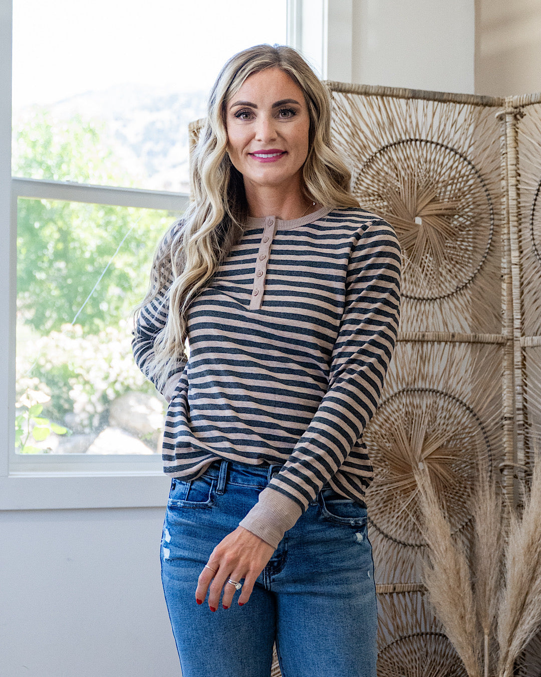 Claudia Striped Henley Top - Color Options Available! Staccato Charcoal