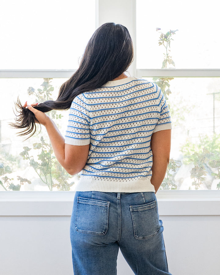 Kaitlyn Open Knit Striped Sweater Top - Blue Staccato