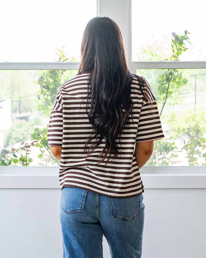 NEW! Hazel Contrast Striped Top - Dark Brown & Burgundy Mine