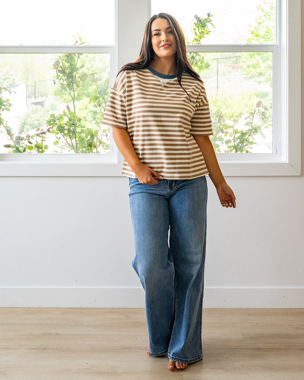 NEW! Hazel Contrast Striped Top - Tan & Blue Mine
