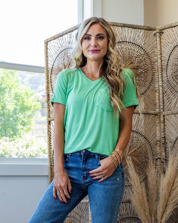 NEW! Step Right Out V Neck Pocket Top - Mint Michelle Mae