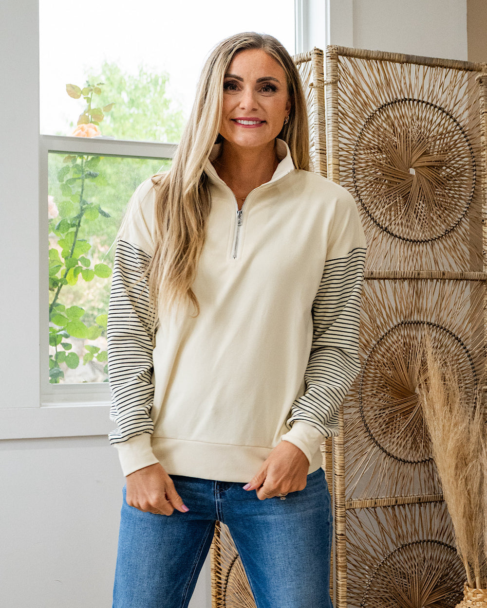Lily Brushed Striped Sleeve Half Zip Pullover - Color Options Available Staccato Cream