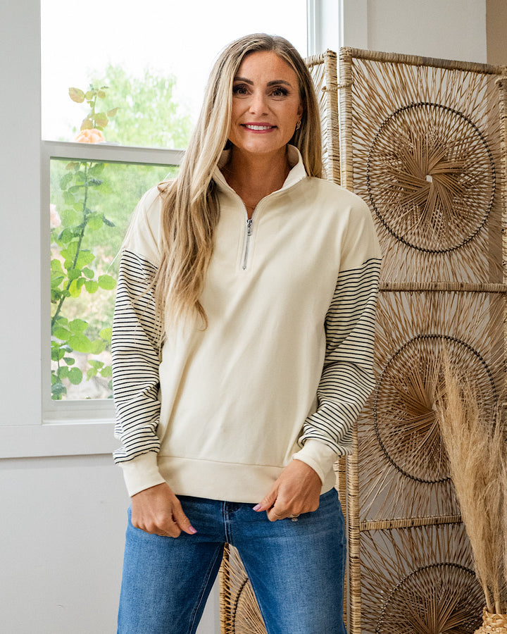 Lily Brushed Striped Sleeve Half Zip Pullover - Color Options Available Staccato Cream
