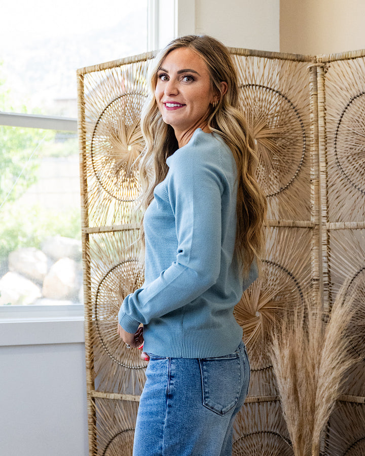 Chelsea Waffle Knit Top - Dusty Blue Staccato