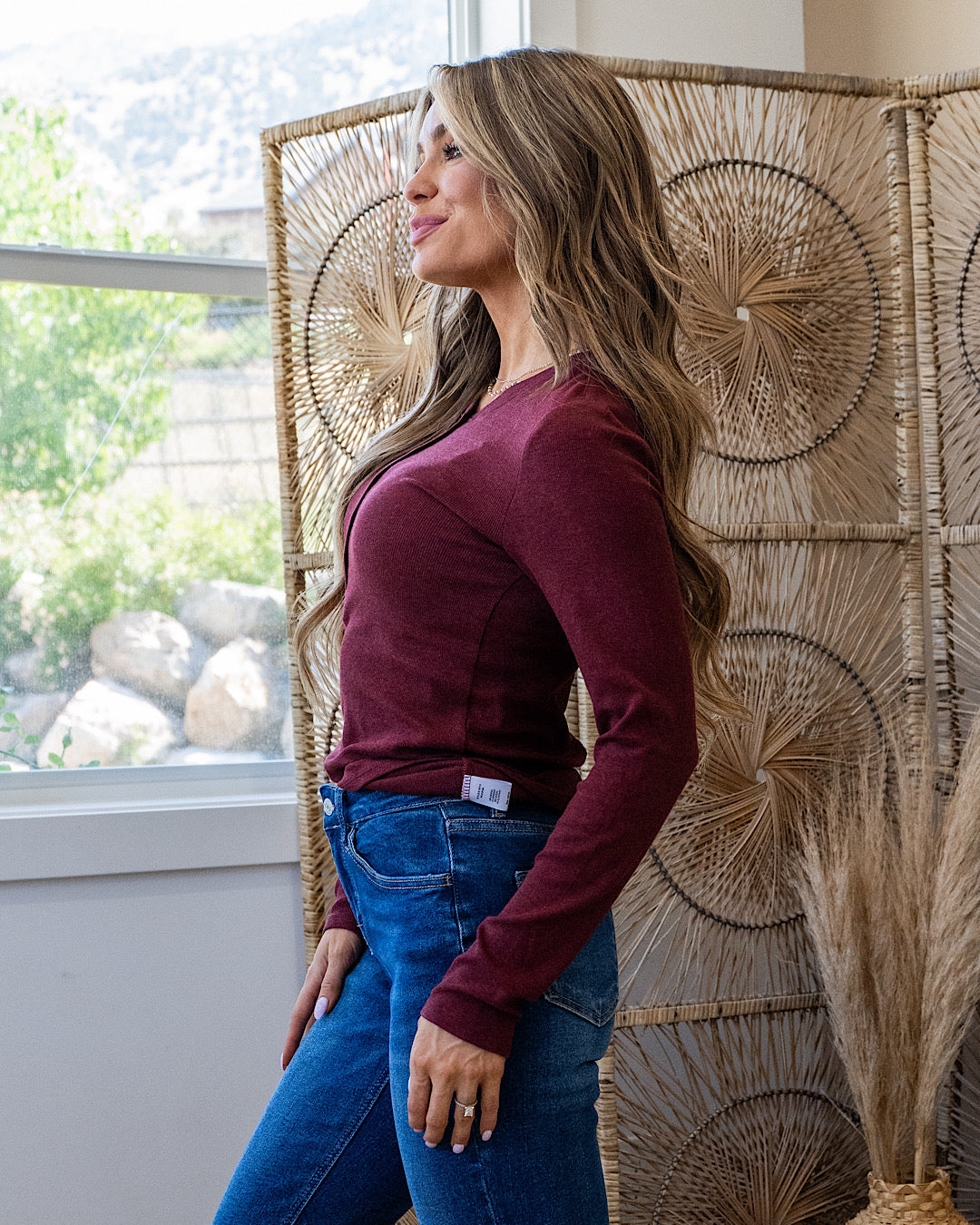 Cami Micro Ribbed Henley Top - Burgundy Be Cool