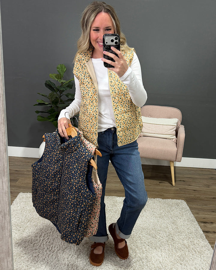 NEW! Juliana Floral Print Corduroy Vest - Cream & Gold Staccato