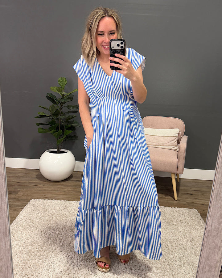 NEW! Trista Striped V Neck Maxi Dress - Blue Haptics