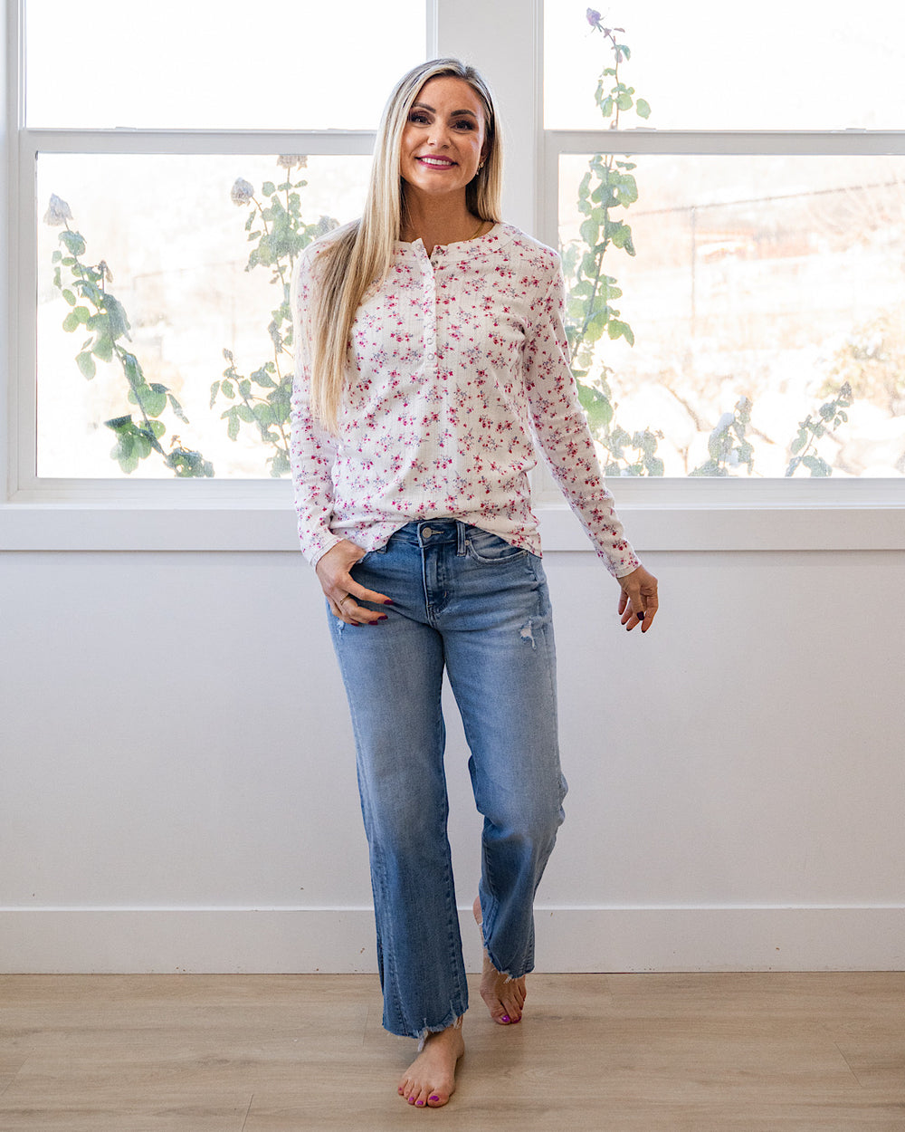 NEW! Christina Pointelle Henley Long Sleeve Top - Micro Pink Floral Michelle Mae