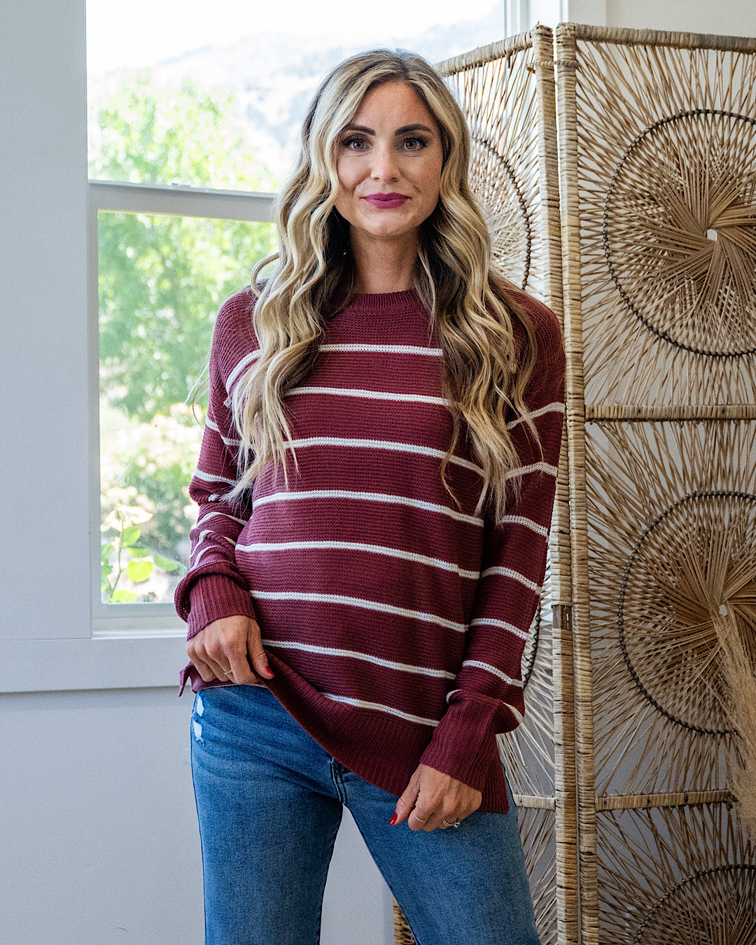 Andrea Striped Side Slit Sweater - Brick Be Cool