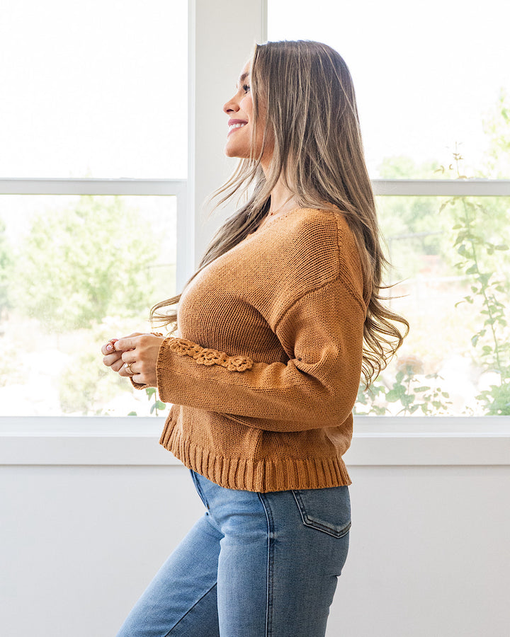 NEW! Ella Crochet Sleeve Sweater - Camel