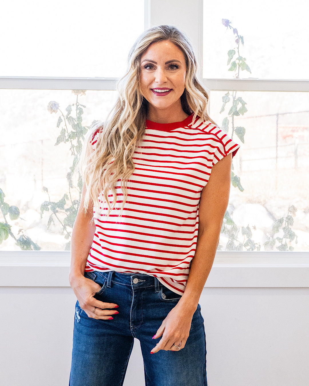 NEW! Adalyn Cap Sleeve Striped Top - Red Staccato