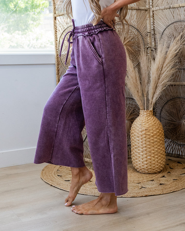 Cropped Wide Leg Comfy Pants - Eggplant Zenana