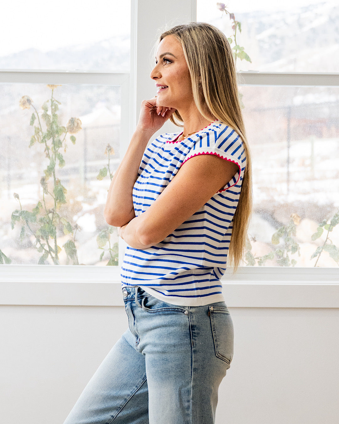 NEW! Be There Striped Short Sleeve Sweater - Royal Staccato