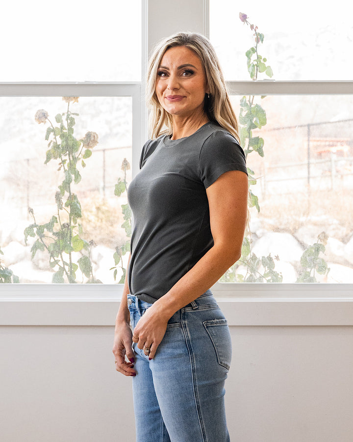 Cassidy Short Sleeve Ribbed Top - Charcoal Be Cool