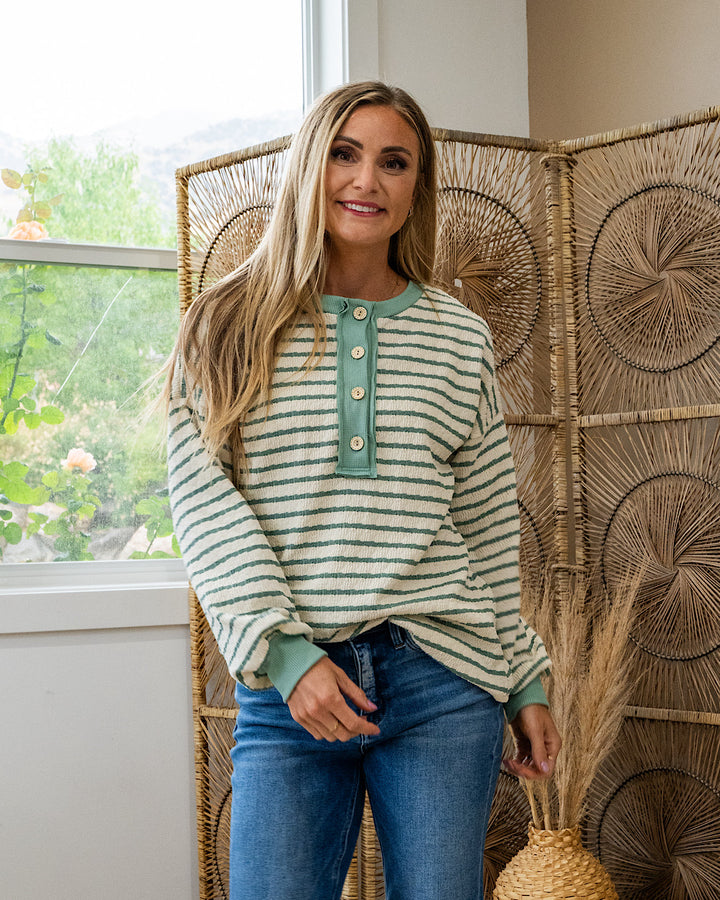NEW! Katherine Textured Striped Henley Top - Sage Lovely Melody