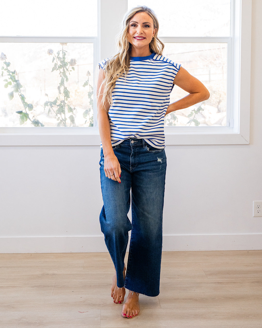 NEW! Adalyn Cap Sleeve Striped Top - Blue Staccato