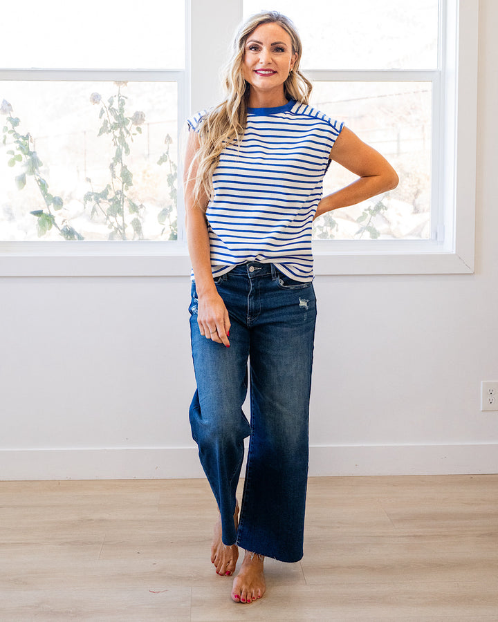 NEW! Adalyn Cap Sleeve Striped Top - Blue Staccato