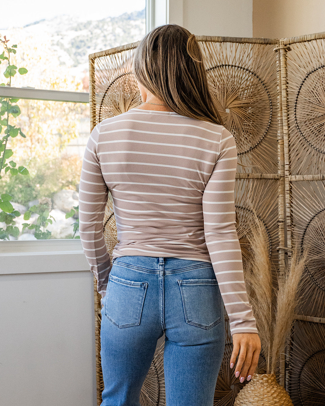 NEW! Celeste Striped Henley Top - Taupe