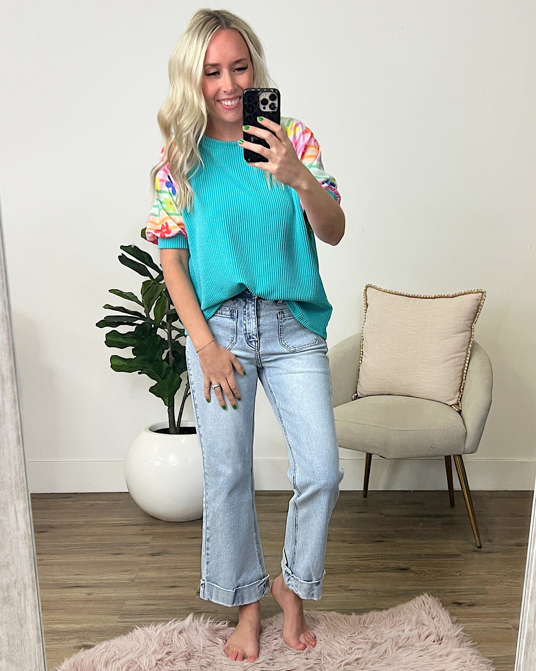 Caitlyn Turquoise Corded Top with Floral & Striped Sleeves  Lovely Melody   