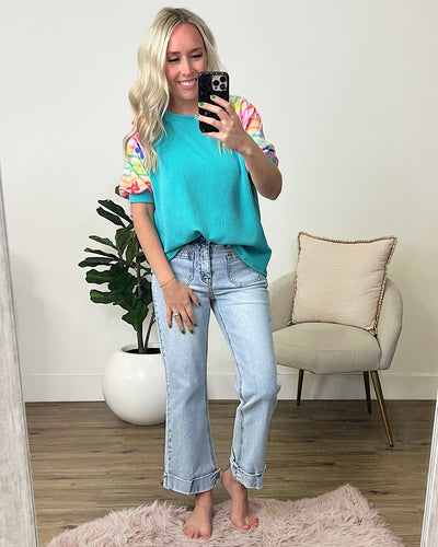 Caitlyn Turquoise Corded Top with Floral & Striped Sleeves  Lovely Melody   