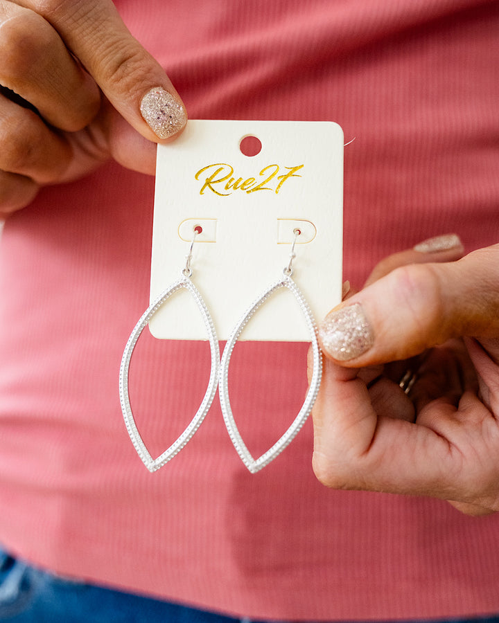 Textured Metal Marquise Shaped Dangle Earrings - Silver Trendy Wholesale