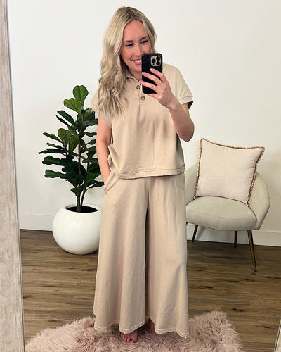 Rochelle Taupe Polo Top and Wide Leg Pant Set FINAL SALE  Ces Femme   