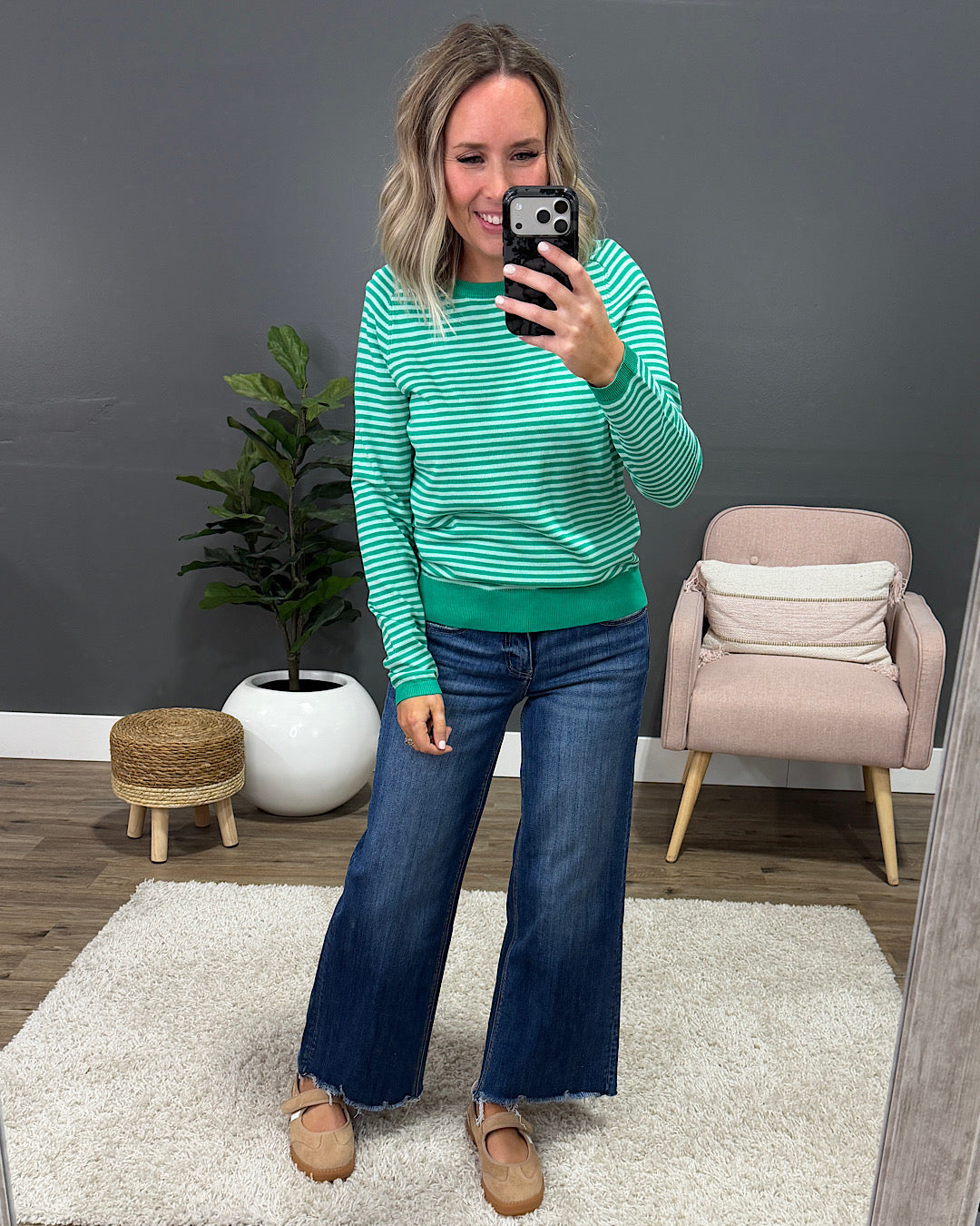 NEW! Lauren Striped Raglan Sweater - Green Staccato