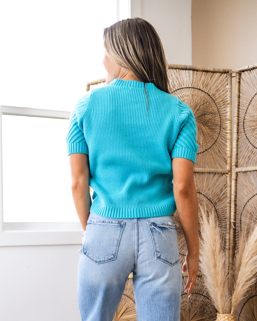 Valerie Textured Short Sleeve Sweater - Turquoise  Lovely Melody   