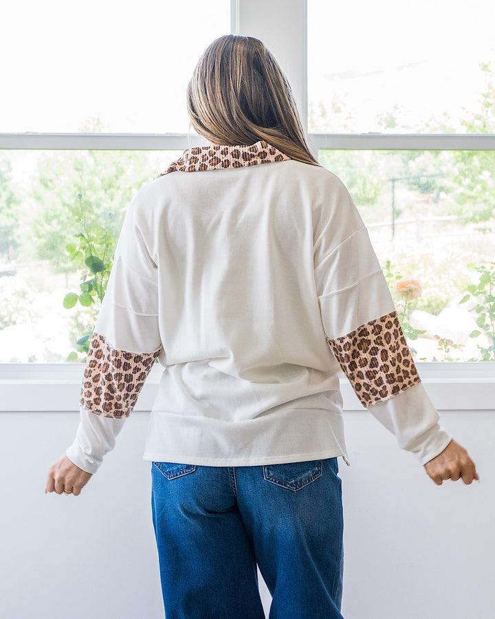 NEW! Jana Leopard Color Block Collared Top - Ivory