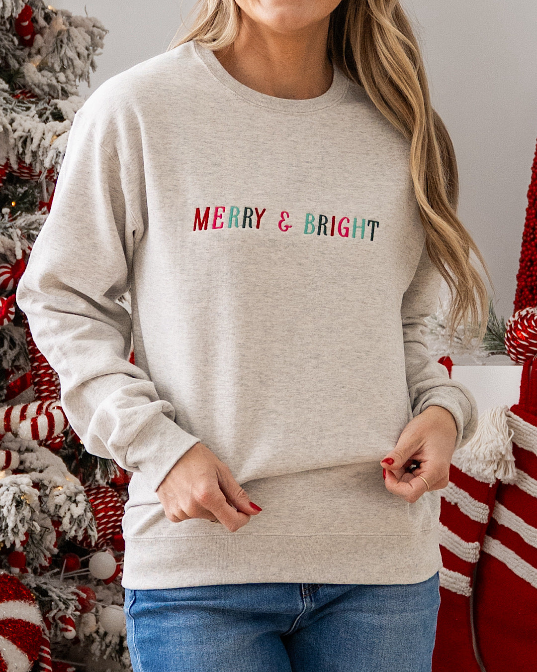 NEW! Merry & Bright Embroidered Sweatshirt - Heather Gray D&E