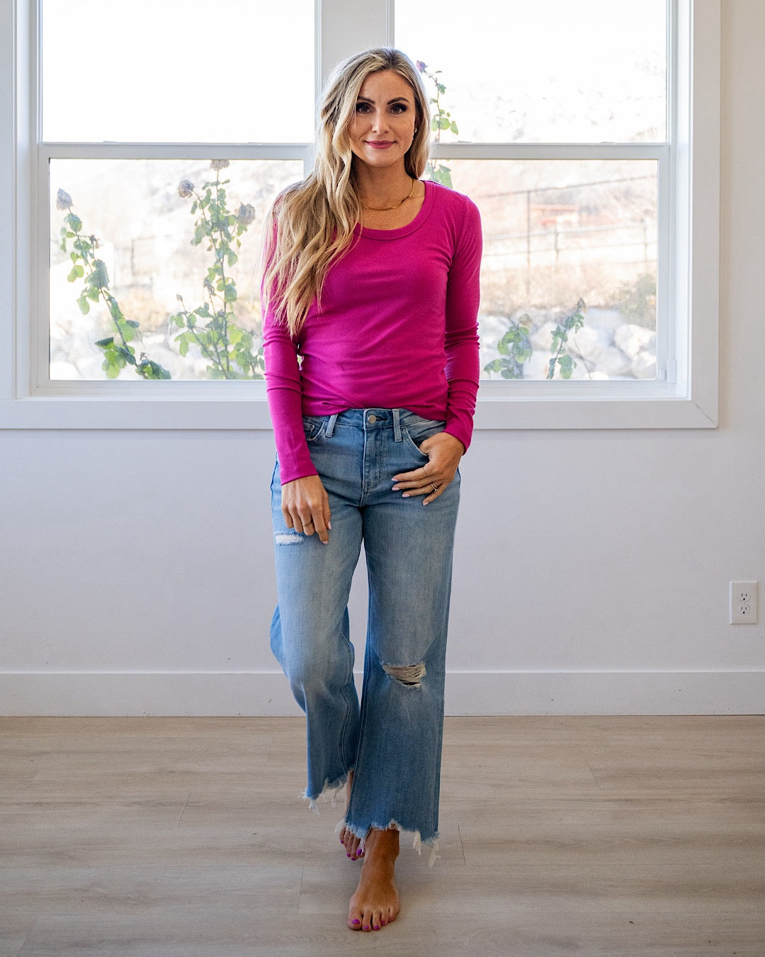 NEW! Jess Long Sleeve Knit Scoop Neck Top - Fuchsia Be Cool