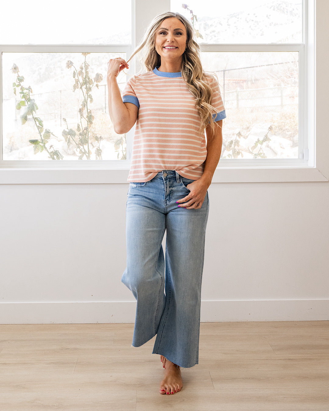 NEW! Asher Contrast Striped Cloud Knit Top - Dusty Rose & Blue