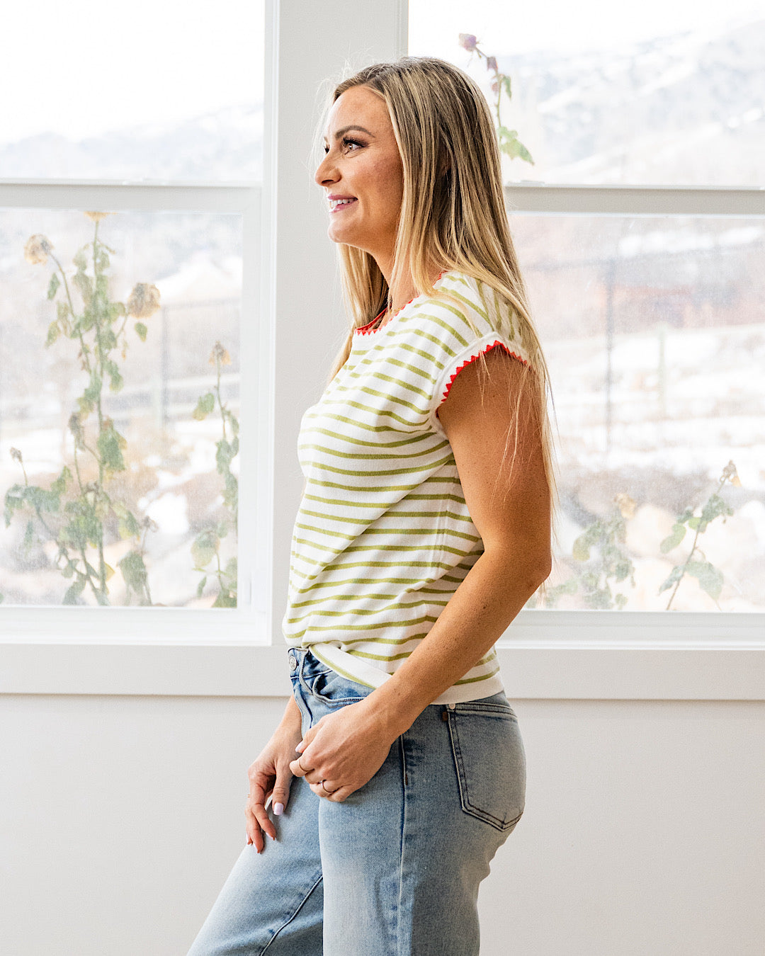NEW! Be There Striped Short Sleeve Sweater - Apple Green Staccato