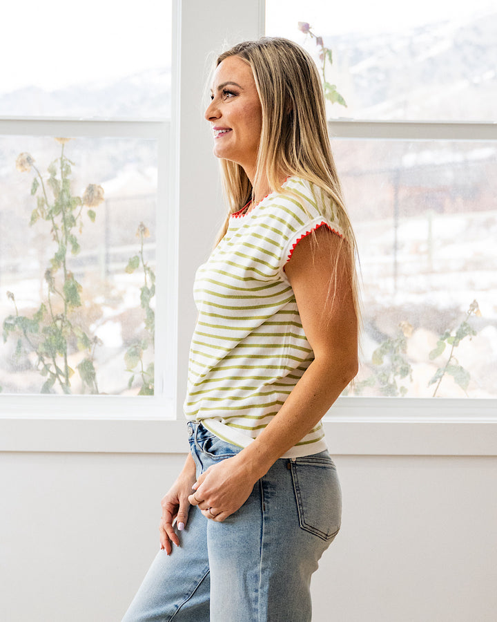 NEW! Be There Striped Short Sleeve Sweater - Apple Green Staccato