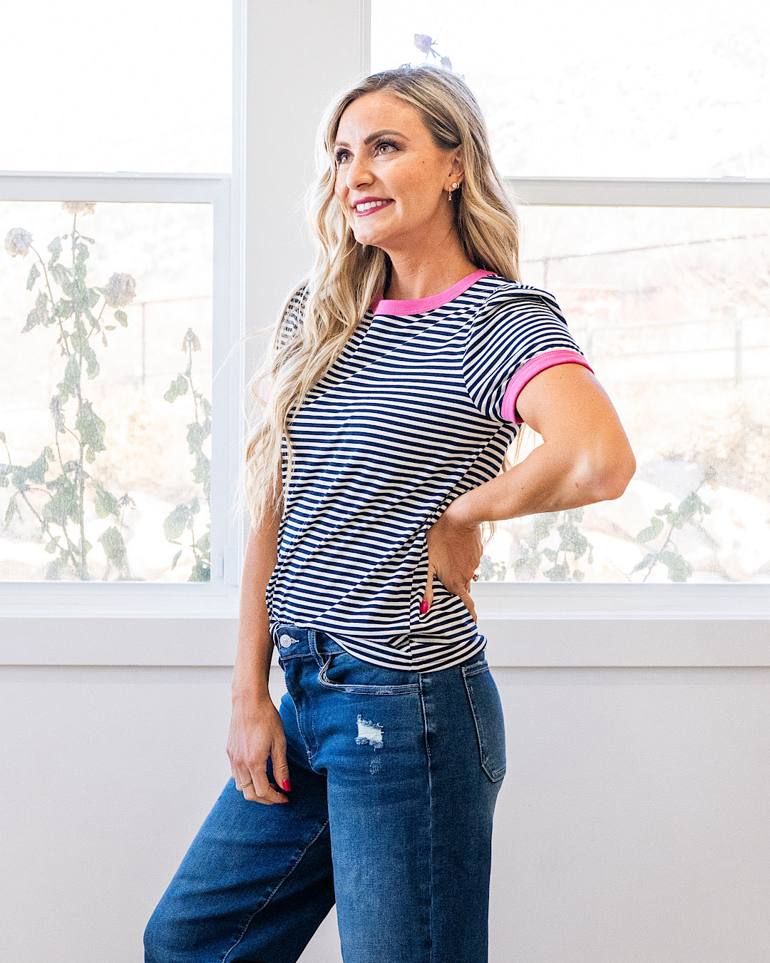Mandy Puff Sleeve Striped Top - Navy & Pink Staccato