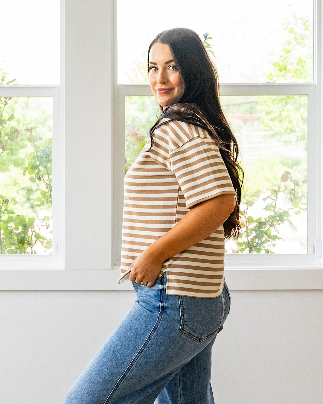 NEW! Hazel Contrast Striped Top - Tan & Blue Mine
