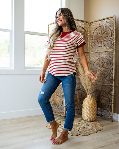 Abby Textured Striped Short Sleeve Top - Red  Staccato   