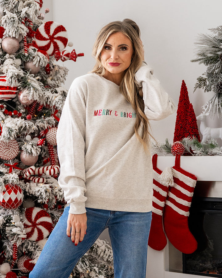 NEW! Merry & Bright Embroidered Sweatshirt - Heather Gray D&E