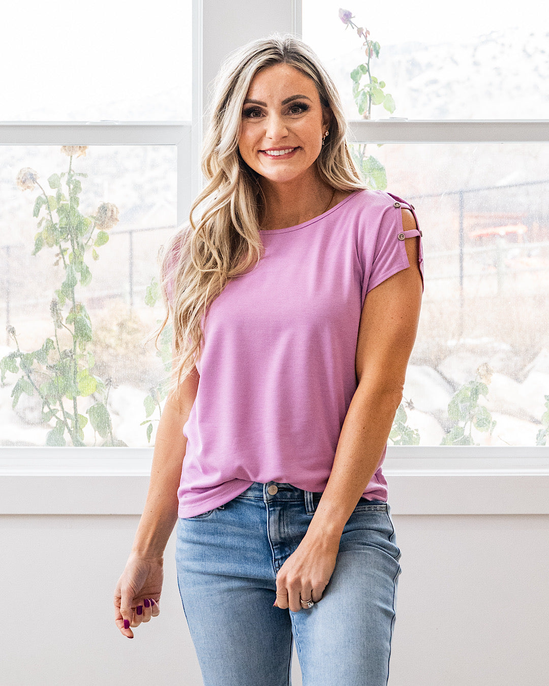 Can You See Me Caged Sleeve Detail Top - Lilac Staccato