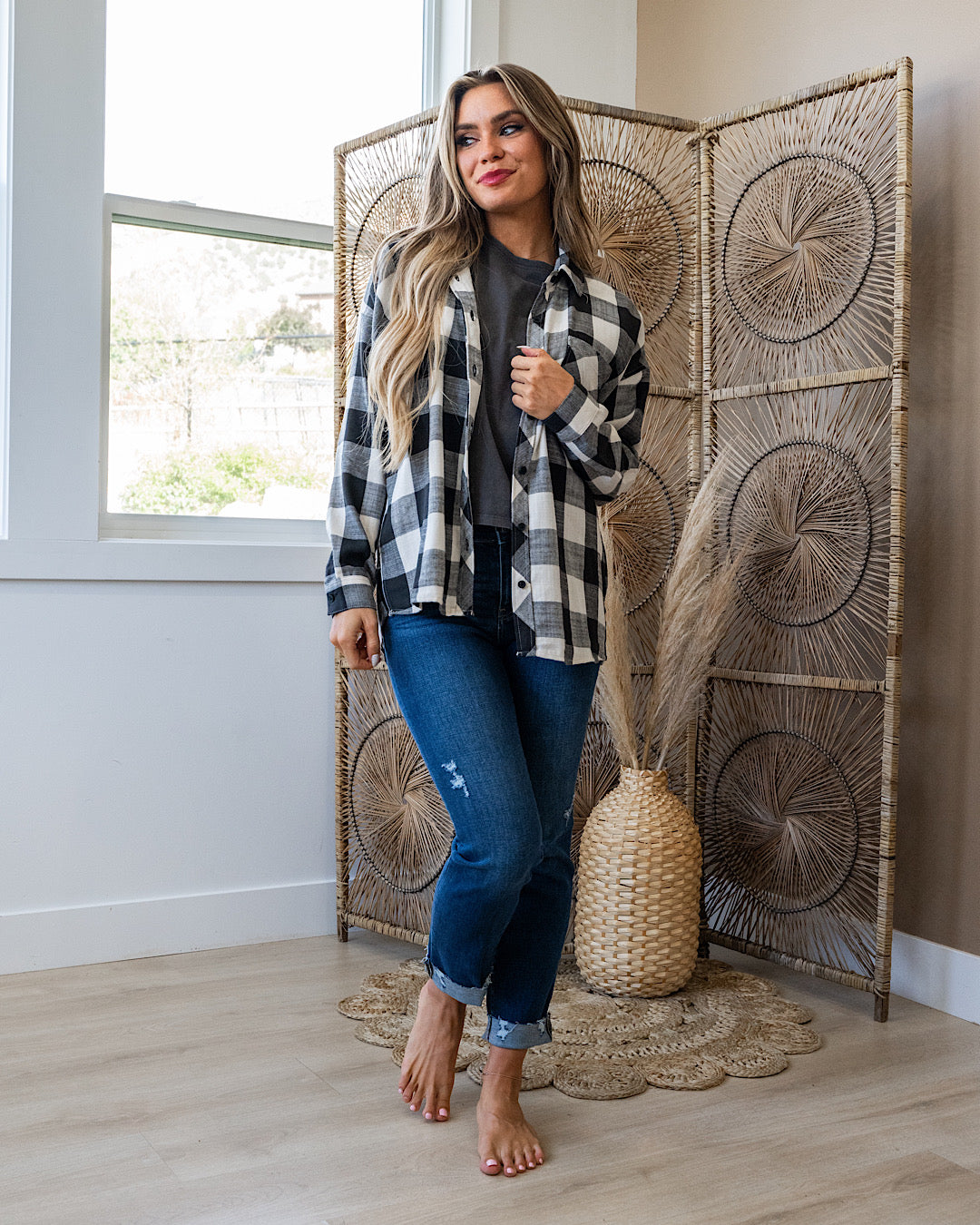 Devri Oversized Plaid Flannel - Black and Cream Be Cool