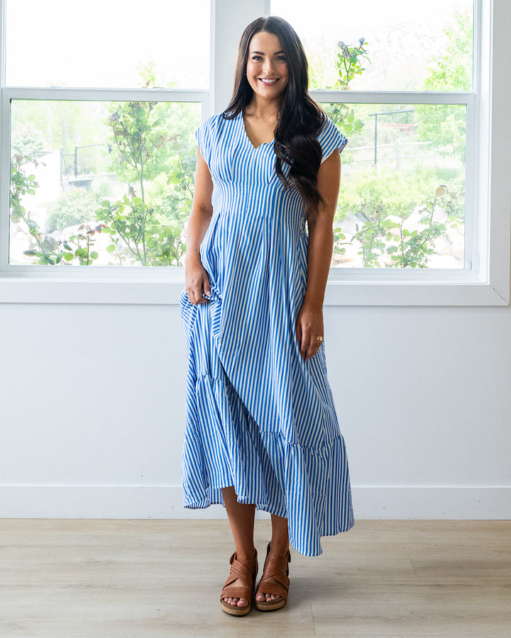 NEW! Trista Striped V Neck Maxi Dress - Blue Haptics