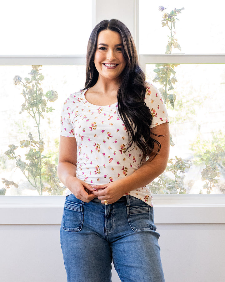 NEW! Reagan Floral Ribbed Top - Ivory & Pink