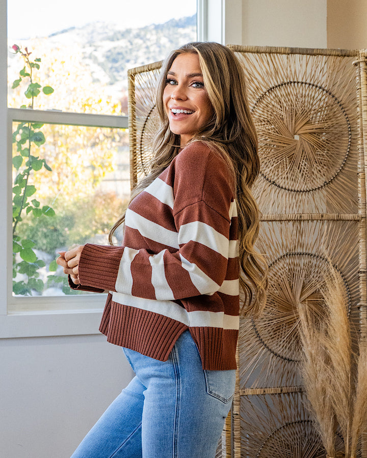 NEW! Shanna Striped Knit Sweater - Chestnut & Cream