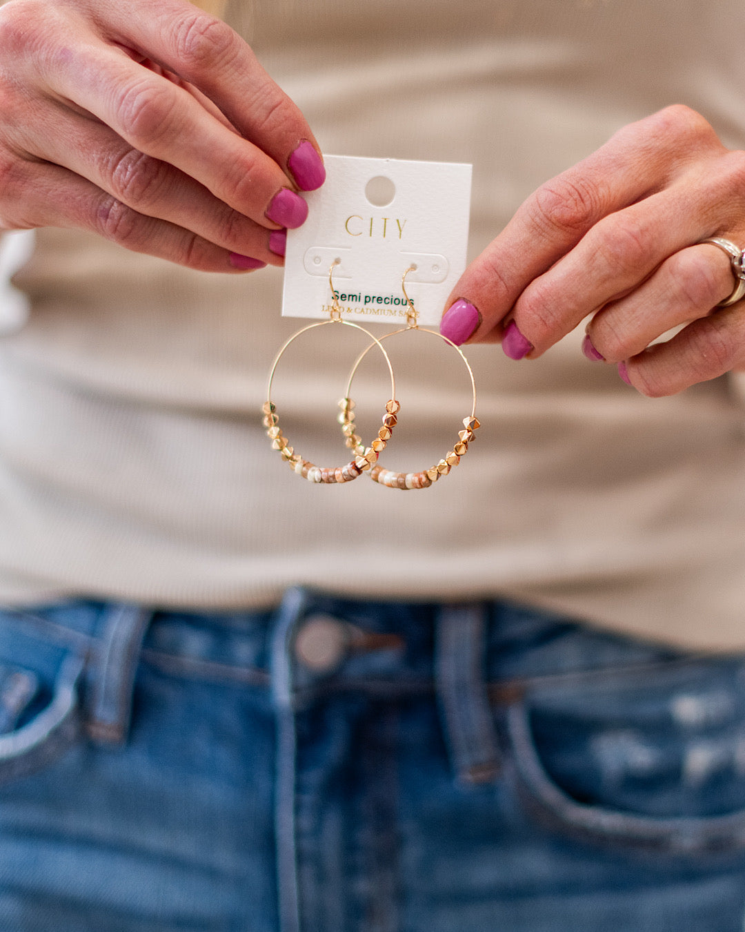 Gold Hoop Earrings with Semi Precious Natural Stones Trendy Wholesale