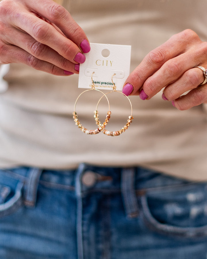 Gold Hoop Earrings with Semi Precious Natural Stones Trendy Wholesale