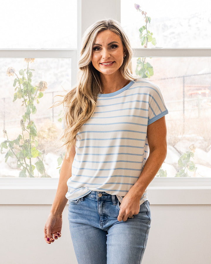 NEW! Juliet Striped Ribbed Top - Ivory & Blue Staccato