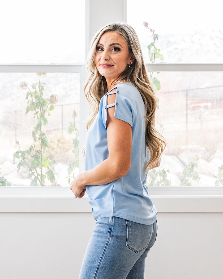 Can You See Me Caged Sleeve Detail Top - Sky Blue Staccato