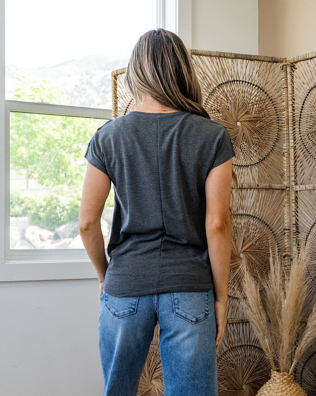 Can You See Me Caged Sleeve Detail Top - Charcoal SALE Staccato