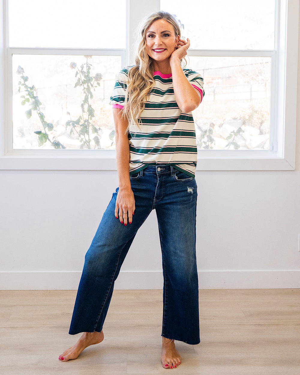 Shauna Contrast Striped Top - Green & Pink Staccato