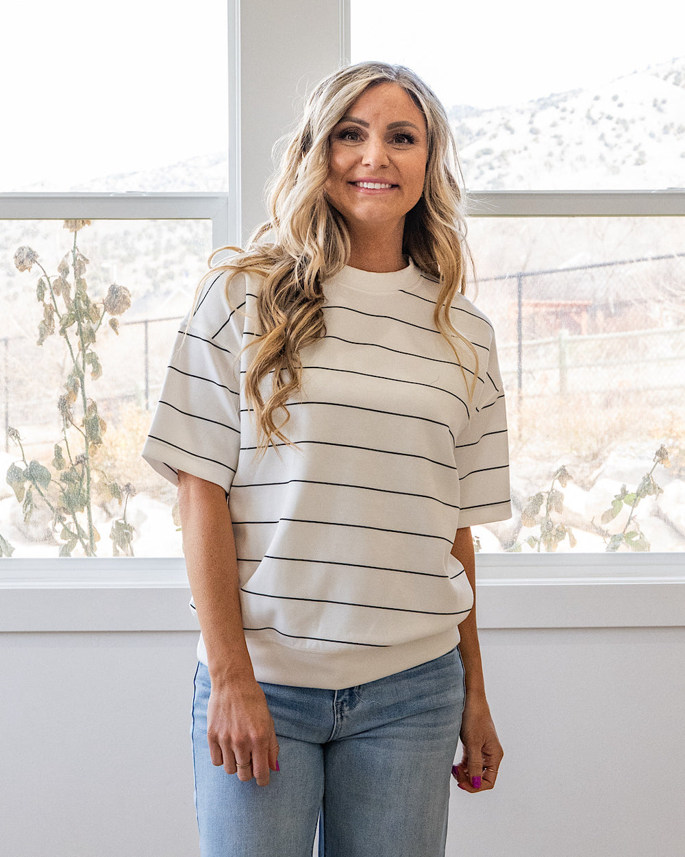 Macey Scuba Fabric Striped Top - Cream & Black Rae Mode